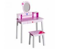 Coiffeuse enfant table de maquillage avec tabouret, 1 tiroir, miroir 59 x 39 x 92 cm bois rose - Coiffeuses