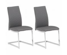 Lot de 2 chaises de salle à manger ou cuisine DORA avec assise rembourrée et piètement chromé, revêtement capitonné synthétique gris - Chaise