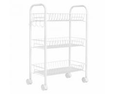 LANGRIA Chariot de Service Desserte de Cuisine Auxiliaire Desserte à roulettes 3 Tablettes en Treillis Métallique 4 Crochets Blanc - Manutention transports