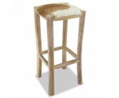 Meelady Tabouret de Bar en Cuir Véritable et Teck pour Salon, Bar Carré - Chaise