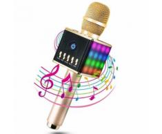 Microphone Sans Fil Karaoké Bluetooth 3.0 Compatible avec Apple/ Android/ PC (LED Lampe Coloré Néon - Or) - Microphone