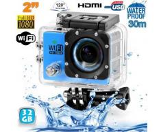 Camera sport wifi étanche caisson waterproof 12 MP Full HD Bleu 32Go - Caméscope à carte mémoire