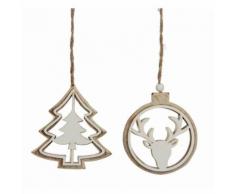 L'Héritier Du Temps - Lot 2 suspensions ajourées en bois à suspendre décoration sapin arbre noël motif sapin et tête de cerf 1,5x9x10cm - Objet à poser