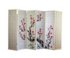 Paravent en bois avec fleur de cerisier blanc de 6 pans -PEGANE- - Objet à poser