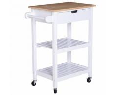 Chariot de service desserte de cuisine à roulettes multi-rangements 64L x 39l x 85H cm plateau bois pin châssis MDF blanc - Dessertes de rangement
