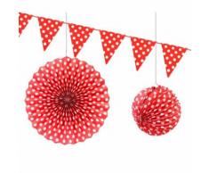 Lot de 6 Décorations à pois coloris Rouge Lampion, rosace et guirlande de fanions - Objet à poser