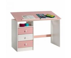 Bureau enfant écolier junior KEVIN pupitre inclinable avec 3 tiroirs 1 casier en pin massif lasuré blanc et rose - Bureaux