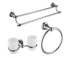 Ensemble de 3 accessoires en laiton chromé comprenant un porte-brosses à dents et deux porte-serviettes - Accessoires salles de bain et WC