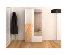 Armoire d'entrée 2 portes 1 tiroir + miroir imitation chêne CHLOÉE - L 197 x l 30 x H 195 - Armoire
