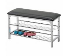 Meuble à chaussures INA banc avec assise et 2 étagères en métal chromé, rangement pour 8 paires, avec coussin en synthétique gris - Meubles à chaussures