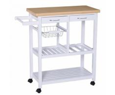 Chariot de service desserte de cuisine à roulettes multi-rangements 85L x 37l x 85H cm plateau bois massif pin châssis MDF blanc - Dessertes de rangement