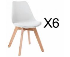 Lot de 6 chaises de cuisine en a manger design contemporain scandinave pieds bois de chene - Blanc - Chaise