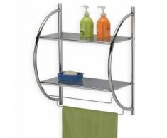 Etagère de salle de bain murale JANINE meuble de rangement à fixer avec 2 tablettes et 2 barreaux porte-serviettes, en métal chromé - Étagère