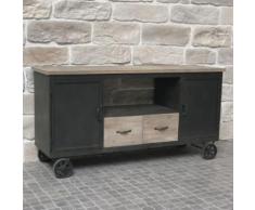 Enfilade Bahut Meuble Télé TV Bois Fer sur Roulettes Industriel 158 cm x 80.50 cm x 46 cm - Buffets