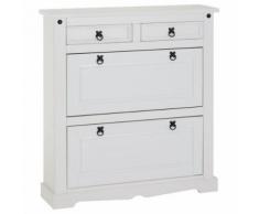 Meuble à chaussures TEQUILA style mexicain armoire avec 2 abattants et 2 tiroirs rangement pour 16 paires, pin massif lasuré blanc - Meubles à chaussures