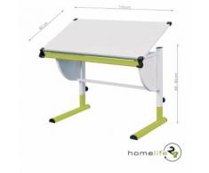 Très beau bureau enfant métal laqué blanc vert panneaux de particules réglable en hauteur et inclinable - Bureaux
