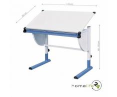 Très beau bureau enfant métal laqué blanc bleu panneaux de particules réglable en hauteur et inclinable - Bureaux