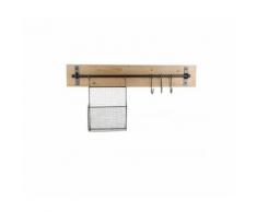 Organiseur Mural en Bois et Métal 1 Rangement Grillagé et 3 Crochets - Étagère