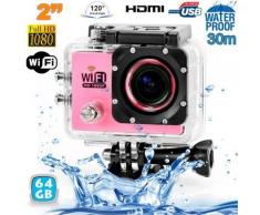 Camera sport wifi étanche caisson waterproof 12 MP Full HD Rose 64Go - Caméscope à carte mémoire