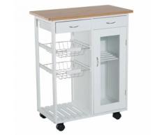 Chariot de service desserte de cuisine à roulettes multi-rangements 70L x 37l x 85H cm plateau bois massif bambou pin blanc - Dessertes de rangement