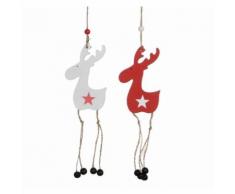 L'Héritier Du Temps - Duo de suspensions décoratives de noël représentation renne en bois rouge et blanc avec cordelette 1,5x7x25cm - Objet à poser