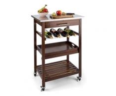 Klarstein Vermont - Desserte de cuisine sur roulettes chariot de service en bois véritable avec plan de travail en acier inox (tiroir, support pour bouteilles, plateau de service amovible) - Ustensiles