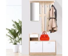Meuble vestiaire d'entrée décor hêtre portes blanches avec miroir - Accessoires salles de bain et WC