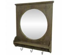 L'Héritier Du Temps - Miroir mural meuble d'entrée glace ronde avec 3 crochets porte manteaux en bois et fer marron 9x55x64cm - Miroir