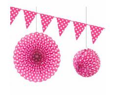 Lot de 6 Décorations à pois coloris Fuschia Lampion, rosace et guirlande de fanions - Objet à poser