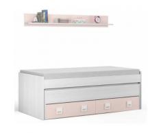 Lit enfant avec 2 tiroirs lit et une étagère, en bois coloris blanc rayé et rose -PEGANE- - Cadre de lit