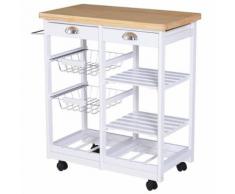 Chariot de service desserte de cuisine à roulettes multi-rangements 74L x 37l x 76H cm plateau bois massif pin châssis MDF blanc - Dessertes de rangement