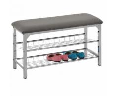 Meuble à chaussures INA banc avec assise et 2 étagères en métal chromé, rangement pour 8 paires, avec coussin en tissu gris - Meubles à chaussures