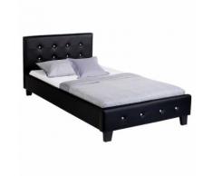 Lit simple 90 x 190 cm pin massif revêtement synthétique capitonné noir - Cadre de lit