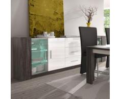 Enfilade LED 220 cm blanc et couleur chêne gris LILOU - L 220 x P 40 x H 85 cm - Buffets